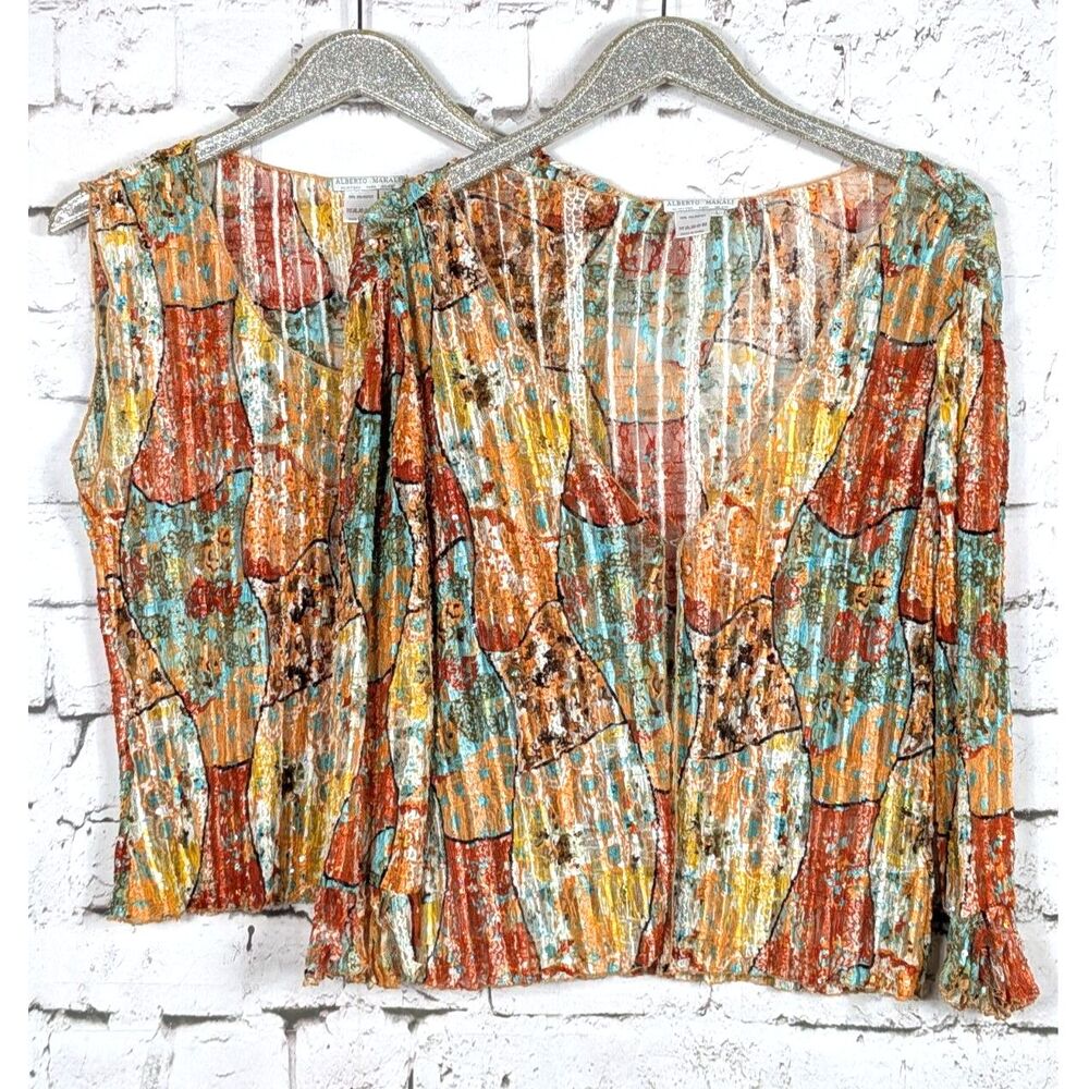 ALBERTO MAKALI Sequin Stretch Mesh "Stained Glass" Tank & Cardigan Artsy Large